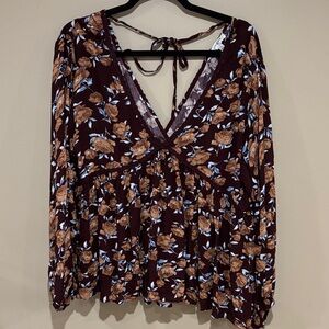Umber brown floral balloon sleeve boho top